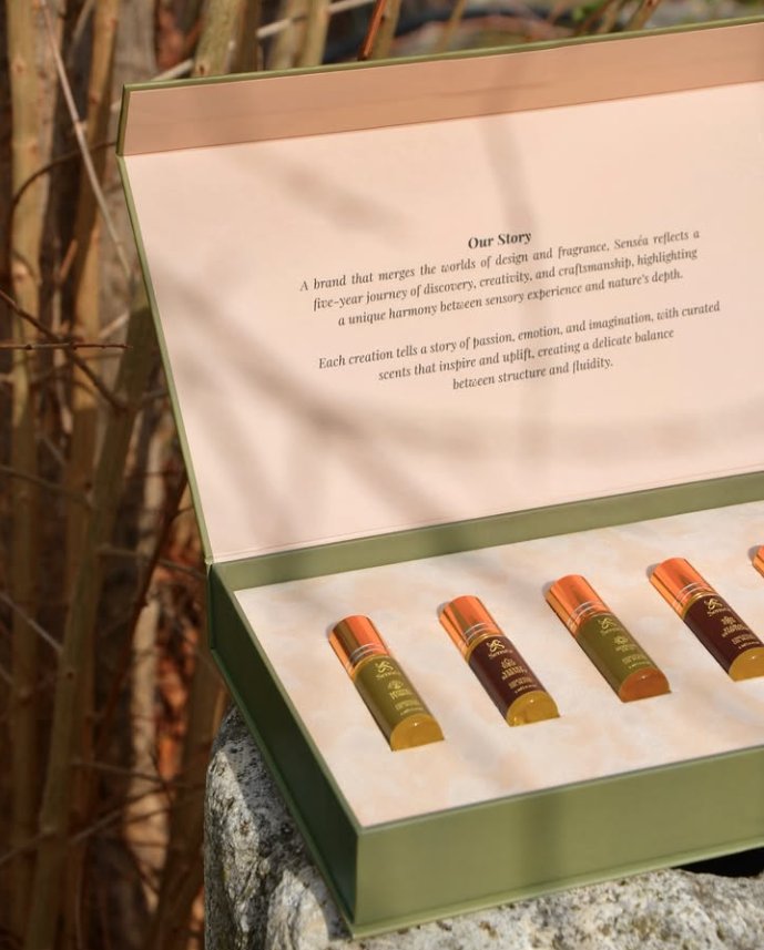Open Senséa gift box revealing six roll-on perfumed oils